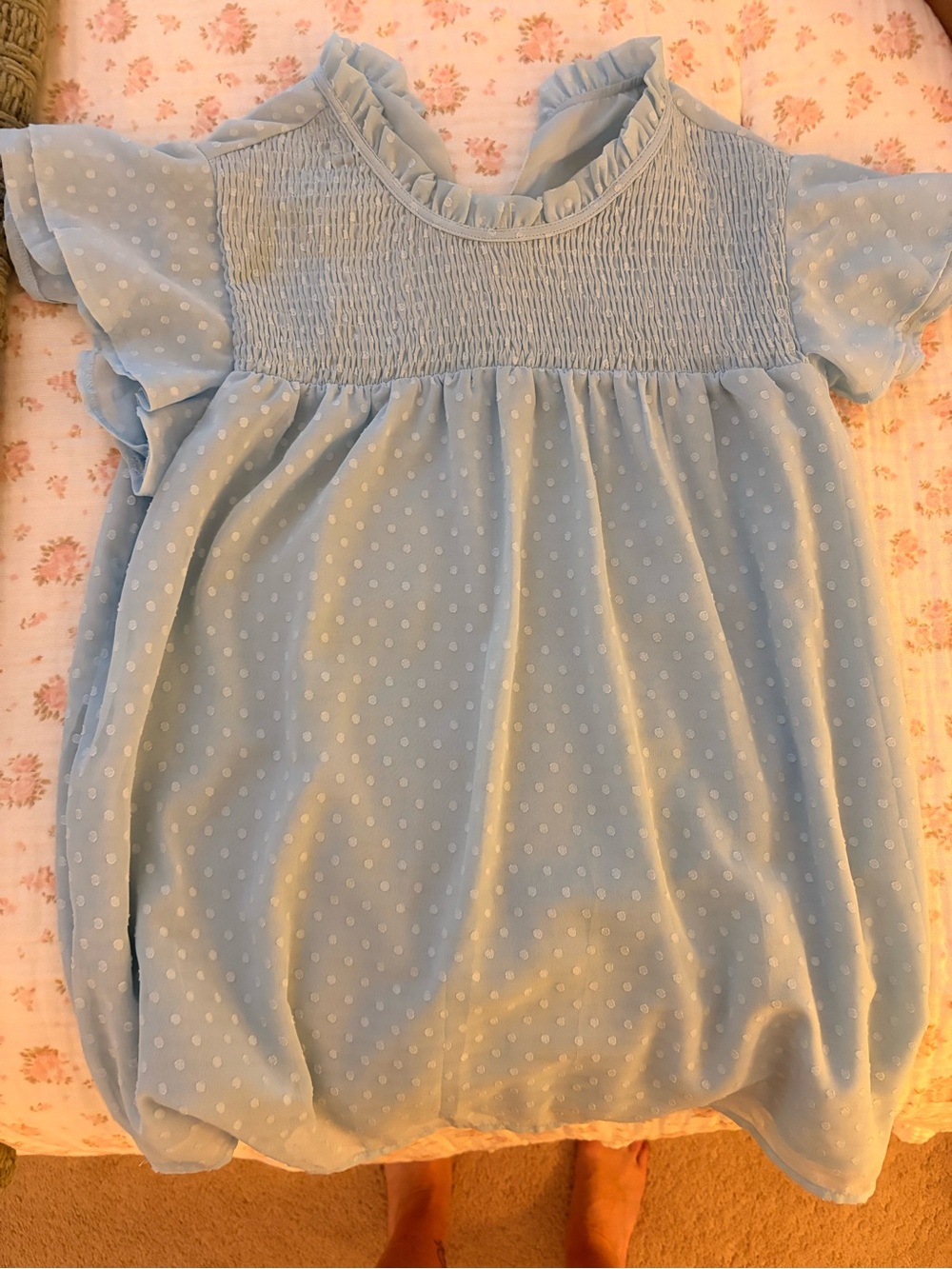 Light Blue Polka Dot Smocked women’s blouse  -